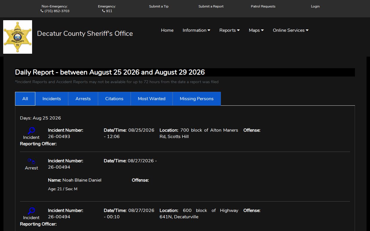Decatur County official daily arrest and booking report interface